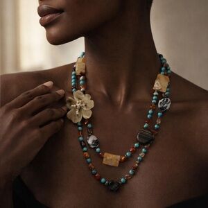 Natural Stone Carved Shell Flower Mother Of Pearl Turquoise Statement Necklace